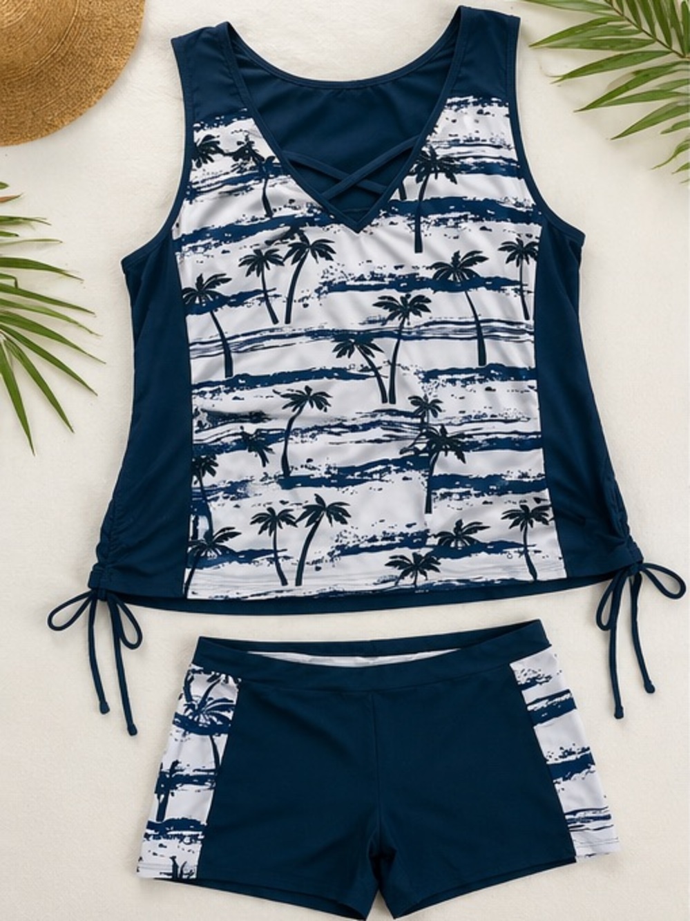 Navy & White Palm Print Tankini Set Top 2x Bottoms 1X - Picture 4 of 4